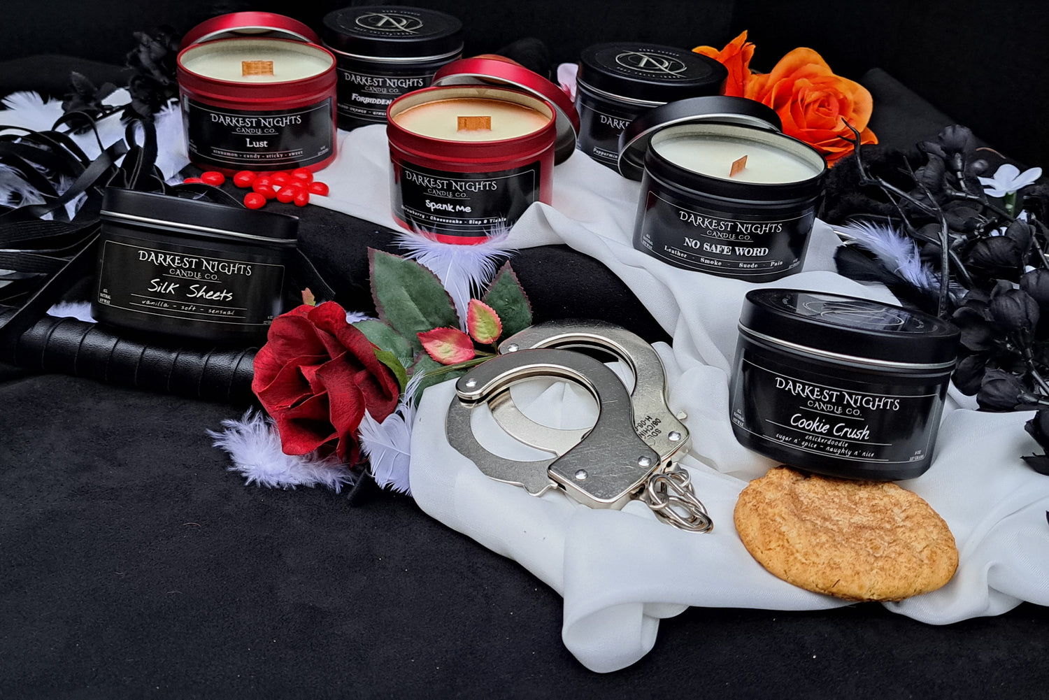 group shot of the best selling alternative natural soy wax wood wick candles on the market.  Many great scents to choose from such as cookie crush, no safe word, lust, spank me, forbidden fruit, and more!